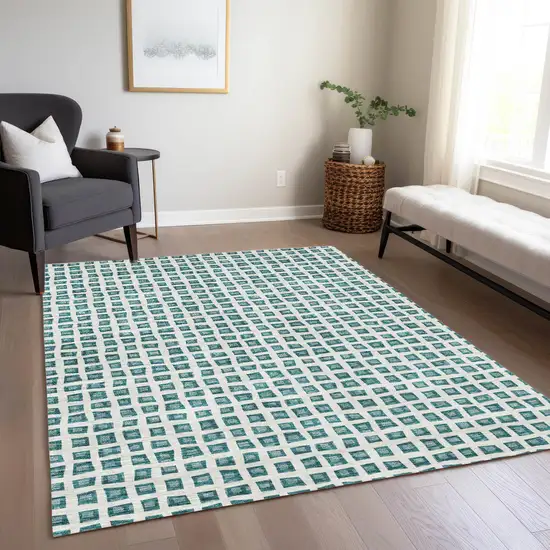 Teal Blue And Ivory Geometric Washable Indoor Outdoor Area Rug Photo 8