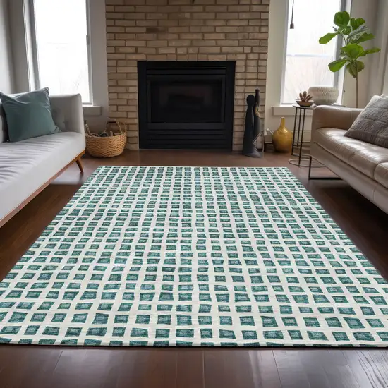 Teal Blue And Ivory Geometric Washable Indoor Outdoor Area Rug Photo 8