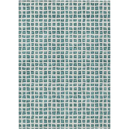 Teal Blue And Ivory Geometric Washable Indoor Outdoor Area Rug Photo 1