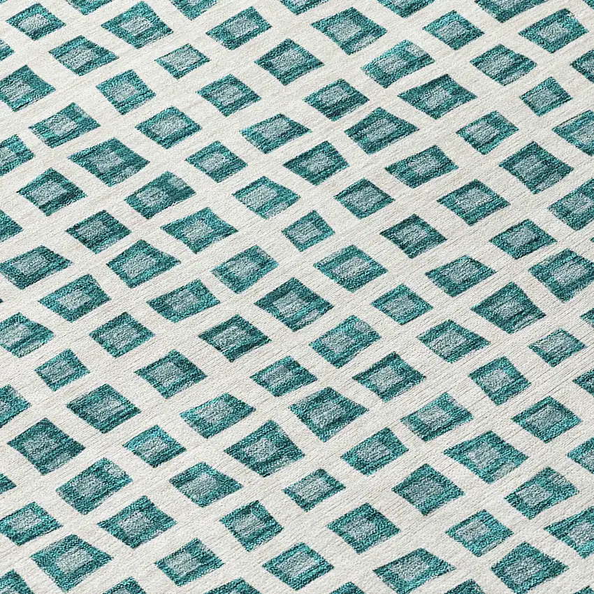 Teal Blue And Ivory Geometric Washable Indoor Outdoor Area Rug Photo 4