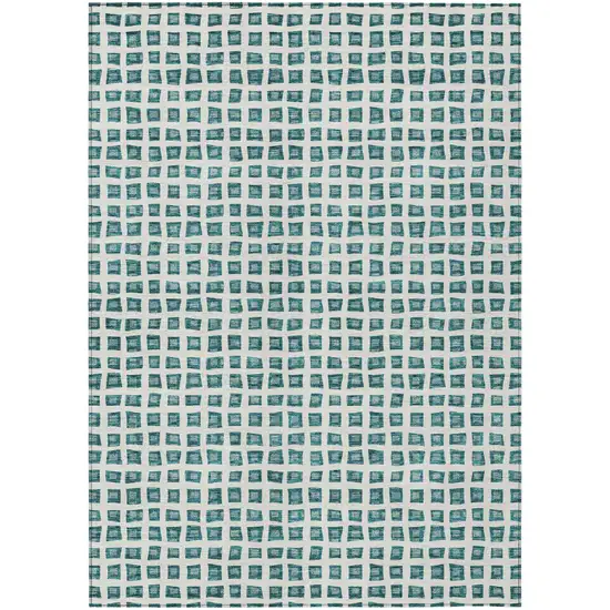 Teal Blue And Ivory Geometric Washable Indoor Outdoor Area Rug Photo 1