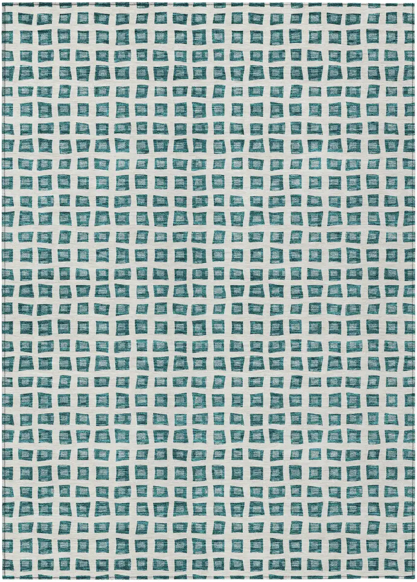 Teal Blue And Ivory Geometric Washable Indoor Outdoor Area Rug Photo 1