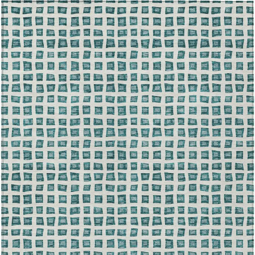Teal Blue And Ivory Geometric Washable Indoor Outdoor Area Rug Photo 6
