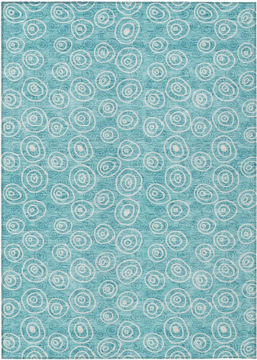 Teal Blue And Ivory Geometric Washable Indoor Outdoor Area Rug Photo 1