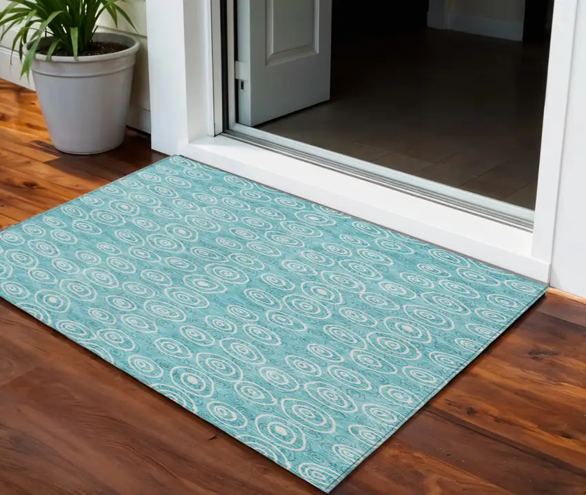 Teal Blue And Ivory Geometric Washable Indoor Outdoor Area Rug Photo 1