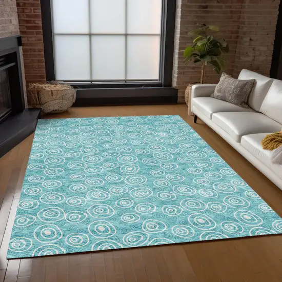 Teal Blue And Ivory Geometric Washable Indoor Outdoor Area Rug Photo 8