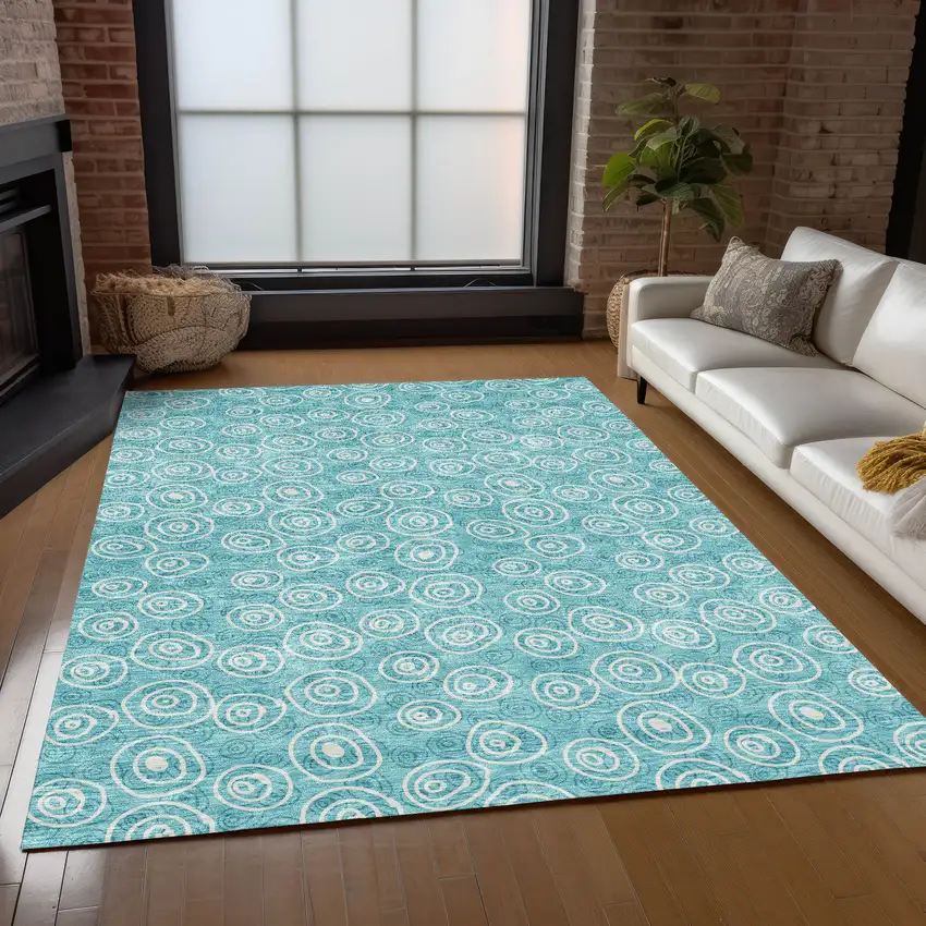 Teal Blue And Ivory Geometric Washable Indoor Outdoor Area Rug Photo 8