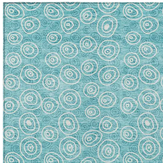 Teal Blue And Ivory Geometric Washable Indoor Outdoor Area Rug Photo 5