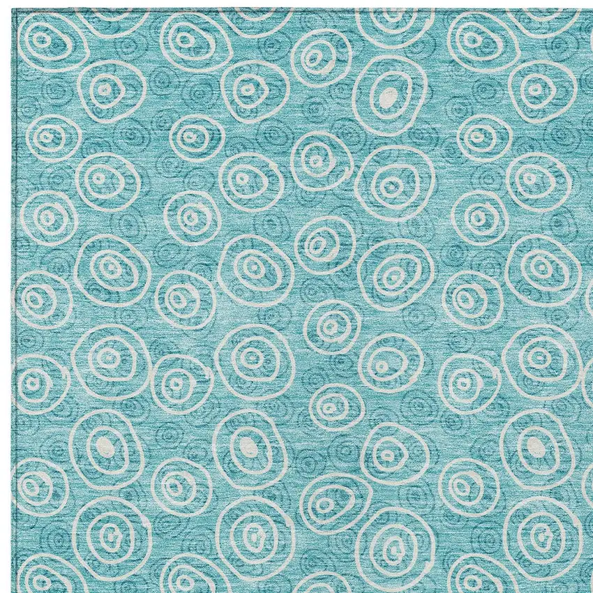 Teal Blue And Ivory Geometric Washable Indoor Outdoor Area Rug Photo 5