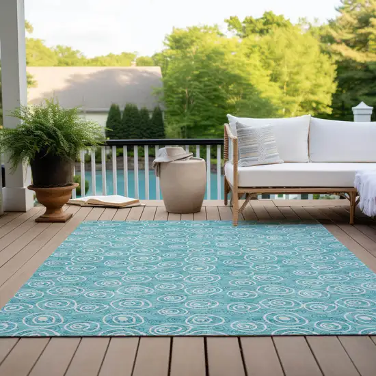 Teal Blue And Ivory Geometric Washable Indoor Outdoor Area Rug Photo 9