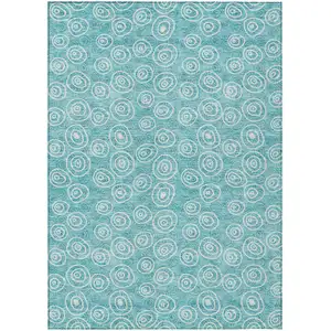 Photo of Teal Blue And Ivory Geometric Washable Indoor Outdoor Area Rug