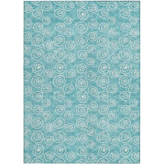 Teal Blue And Ivory Geometric Washable Indoor Outdoor Area Rug Photo 4