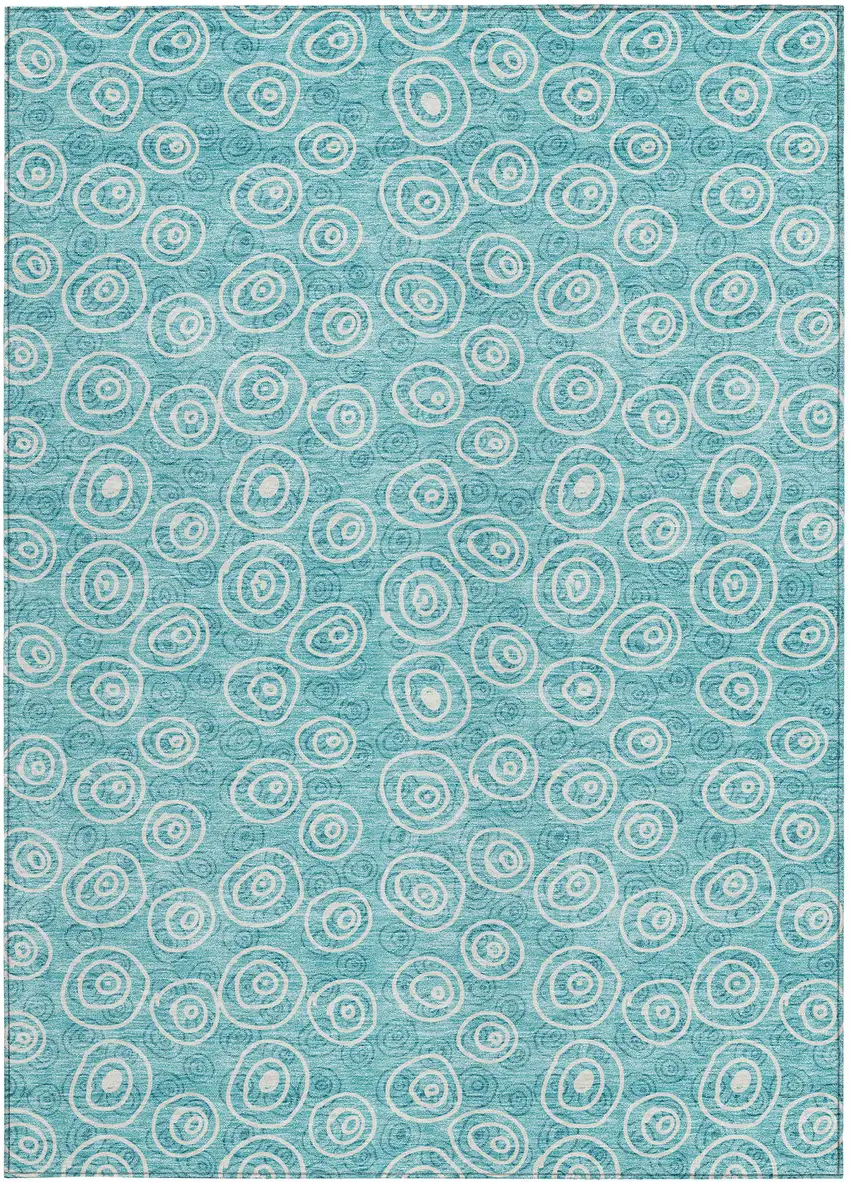 Teal Blue And Ivory Geometric Washable Indoor Outdoor Area Rug Photo 4