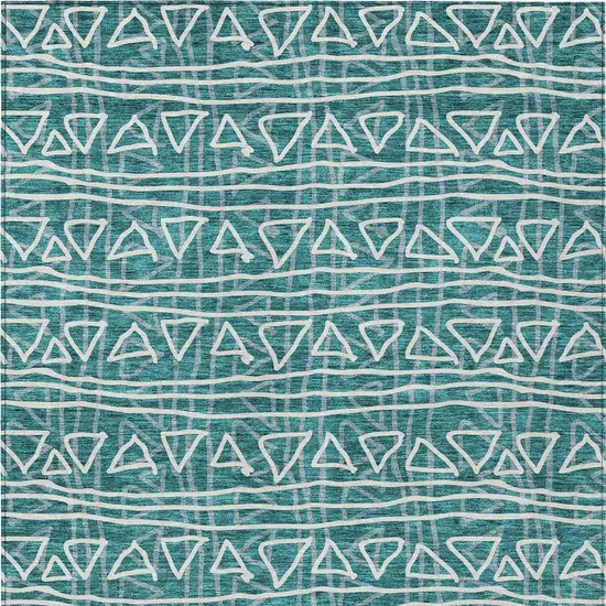 Teal Blue And Ivory Geometric Washable Indoor Outdoor Area Rug Photo 5