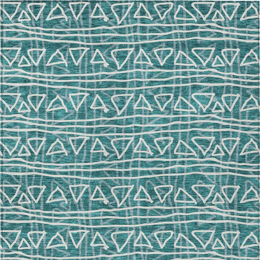 Teal Blue And Ivory Geometric Washable Indoor Outdoor Area Rug Photo 5