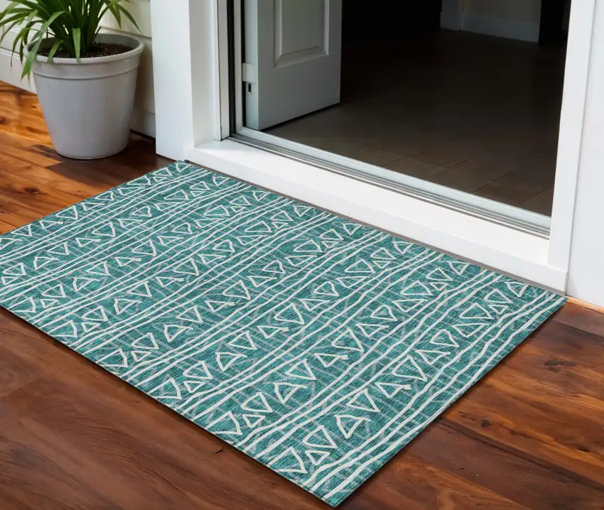 Teal Blue And Ivory Geometric Washable Indoor Outdoor Area Rug Photo 1