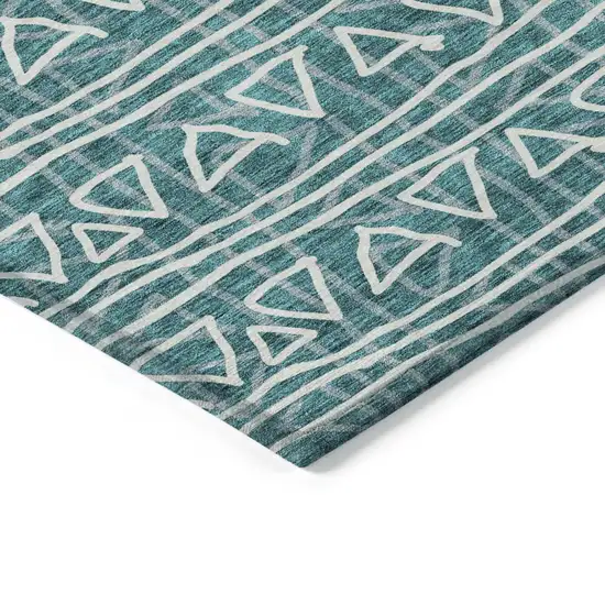 Teal Blue And Ivory Geometric Washable Indoor Outdoor Area Rug Photo 3