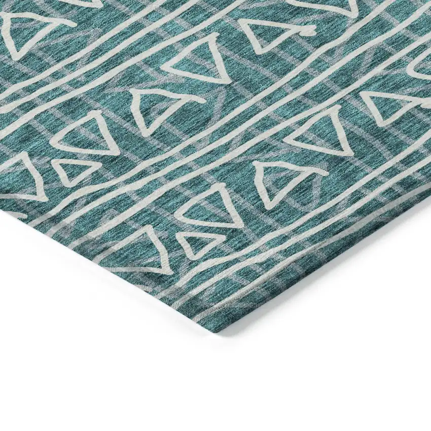 Teal Blue And Ivory Geometric Washable Indoor Outdoor Area Rug Photo 3
