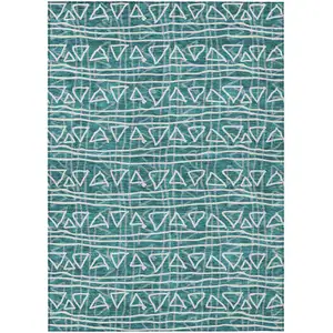 Photo of Teal Blue And Ivory Geometric Washable Indoor Outdoor Area Rug