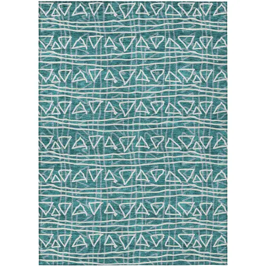 Teal Blue And Ivory Geometric Washable Indoor Outdoor Area Rug Photo 1