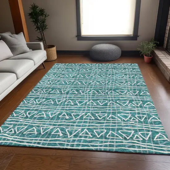 Teal Blue And Ivory Geometric Washable Indoor Outdoor Area Rug Photo 7
