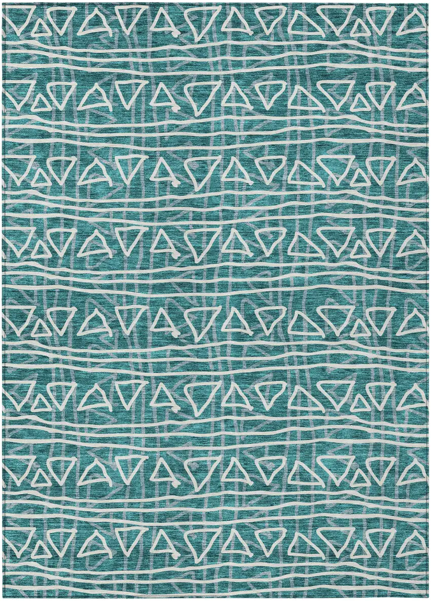 Teal Blue And Ivory Geometric Washable Indoor Outdoor Area Rug Photo 2