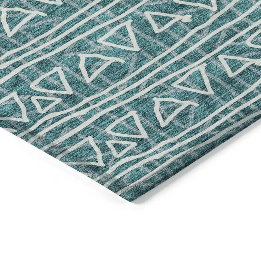Teal Blue And Ivory Geometric Washable Indoor Outdoor Area Rug Photo 4