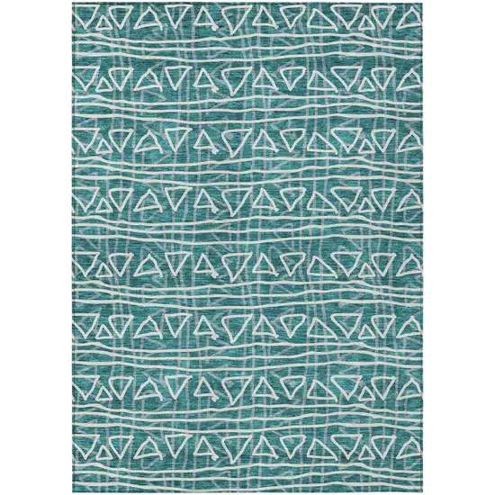 Teal Blue And Ivory Geometric Washable Indoor Outdoor Area Rug Photo 2