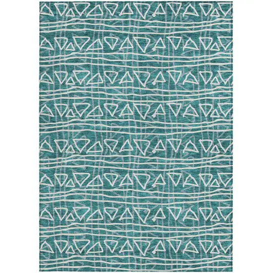 Teal Blue And Ivory Geometric Washable Indoor Outdoor Area Rug Photo 6
