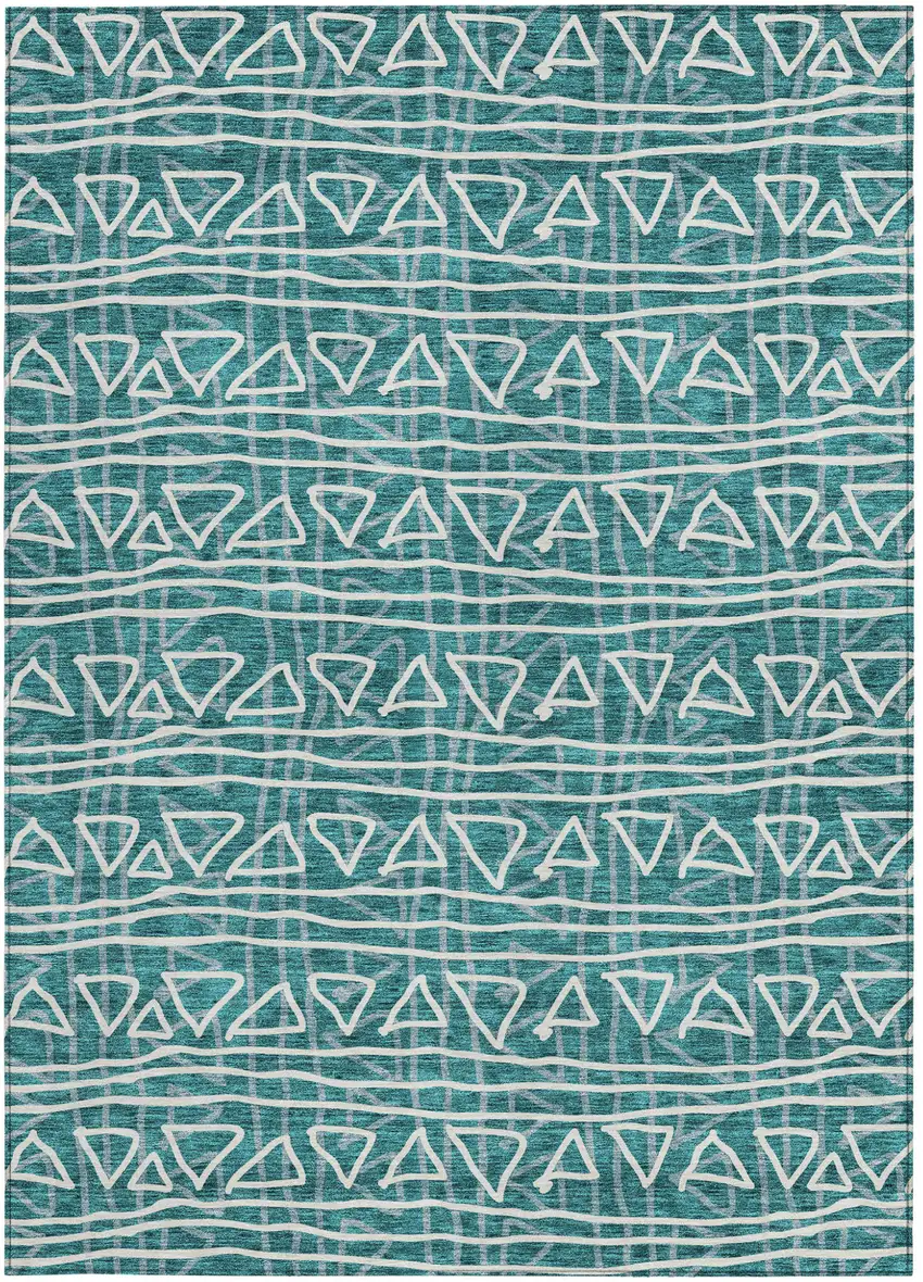 Teal Blue And Ivory Geometric Washable Indoor Outdoor Area Rug Photo 6