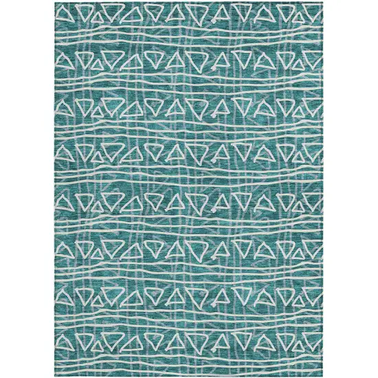 Teal Blue And Ivory Geometric Washable Indoor Outdoor Area Rug Photo 6
