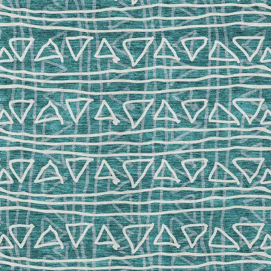 Teal Blue And Ivory Geometric Washable Indoor Outdoor Area Rug Photo 5