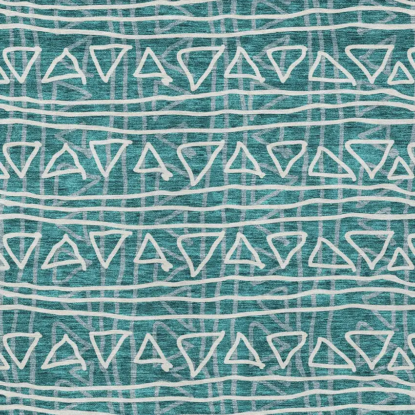 Teal Blue And Ivory Geometric Washable Indoor Outdoor Area Rug Photo 5