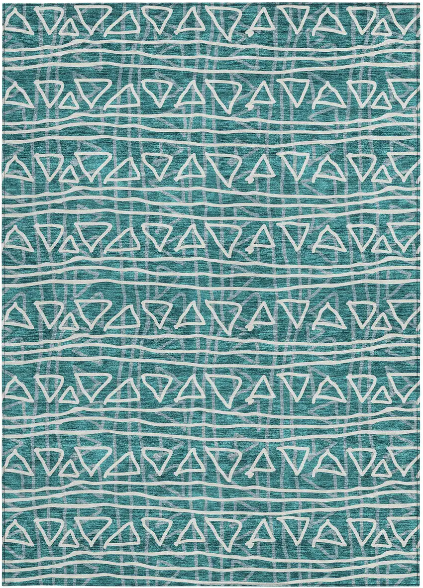 Teal Blue And Ivory Geometric Washable Indoor Outdoor Area Rug Photo 6