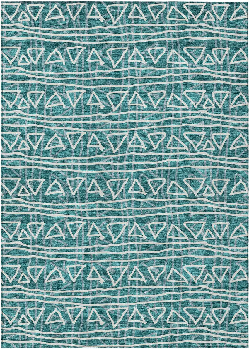 Teal Blue And Ivory Geometric Washable Indoor Outdoor Area Rug Photo 2