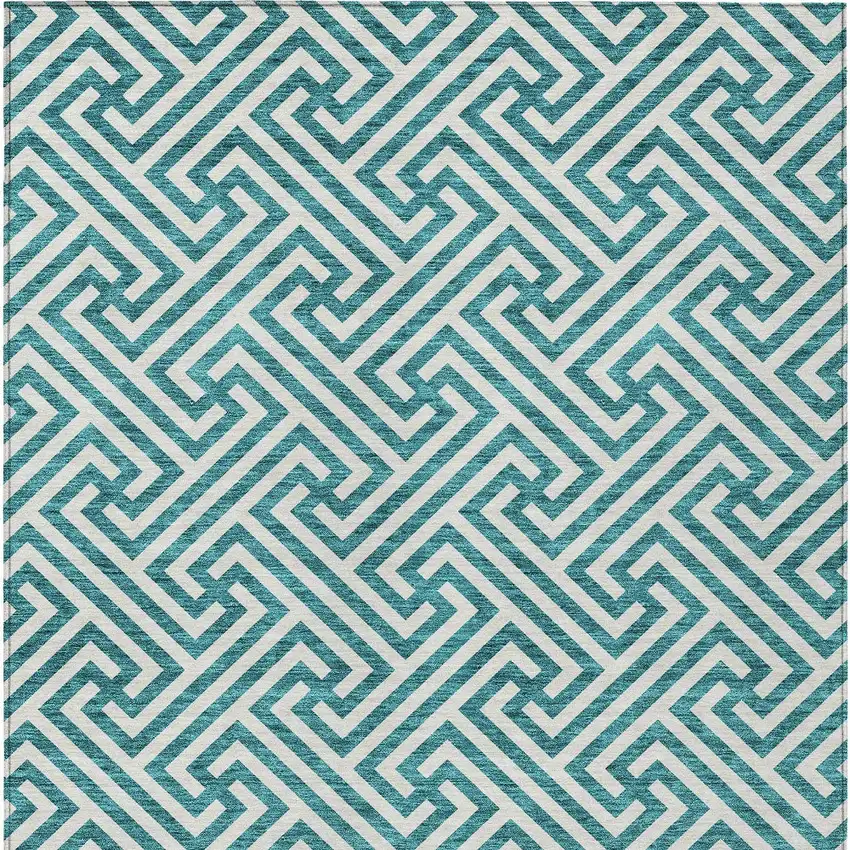 Teal Blue And Ivory Geometric Washable Indoor Outdoor Area Rug Photo 6