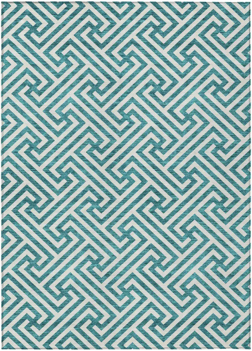 Teal Blue And Ivory Geometric Washable Indoor Outdoor Area Rug Photo 2