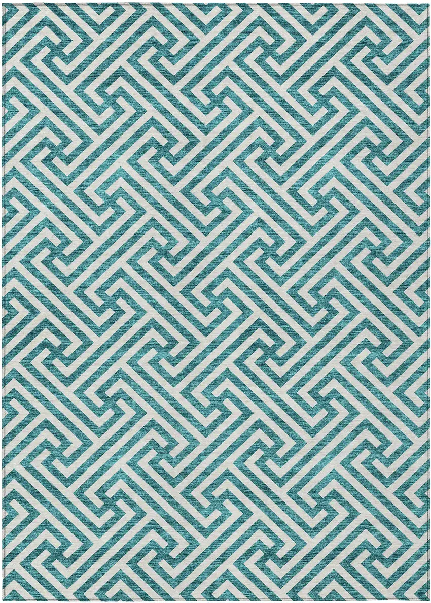 Teal Blue And Ivory Geometric Washable Indoor Outdoor Area Rug Photo 2