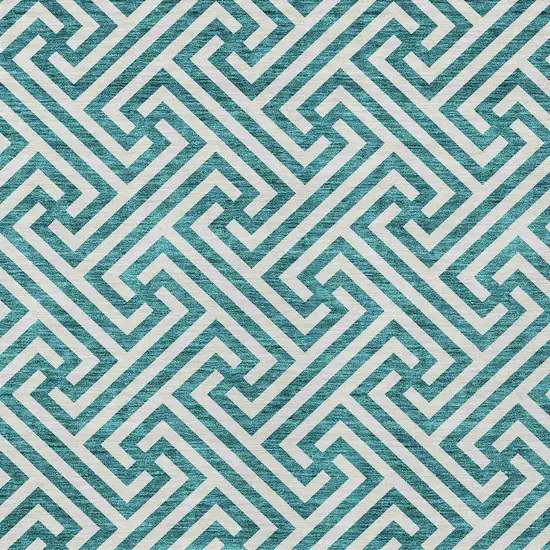 Teal Blue And Ivory Geometric Washable Indoor Outdoor Area Rug Photo 5