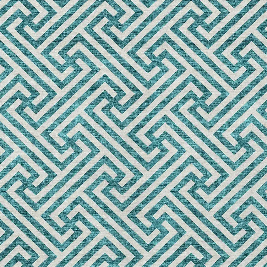 Teal Blue And Ivory Geometric Washable Indoor Outdoor Area Rug Photo 5