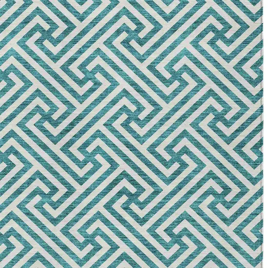 Teal Blue And Ivory Geometric Washable Indoor Outdoor Area Rug Photo 5
