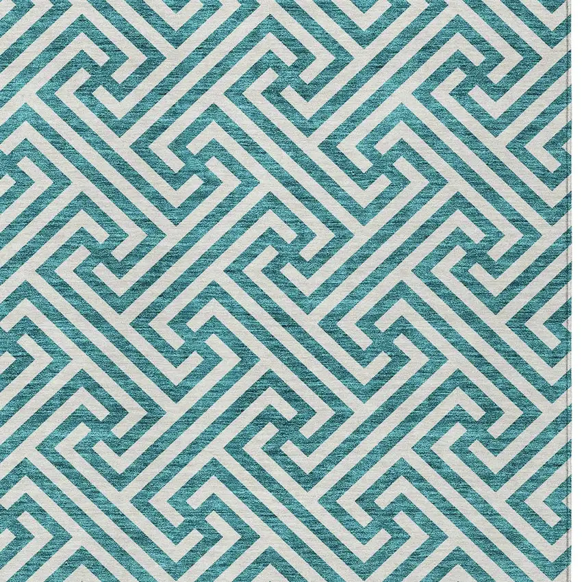 Teal Blue And Ivory Geometric Washable Indoor Outdoor Area Rug Photo 5