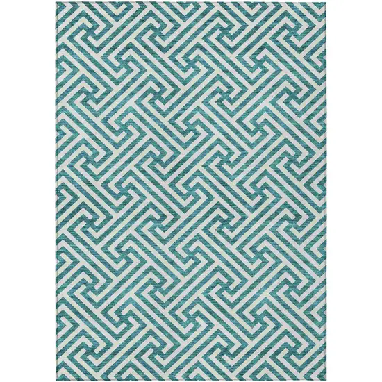 Teal Blue And Ivory Geometric Washable Indoor Outdoor Area Rug Photo 1