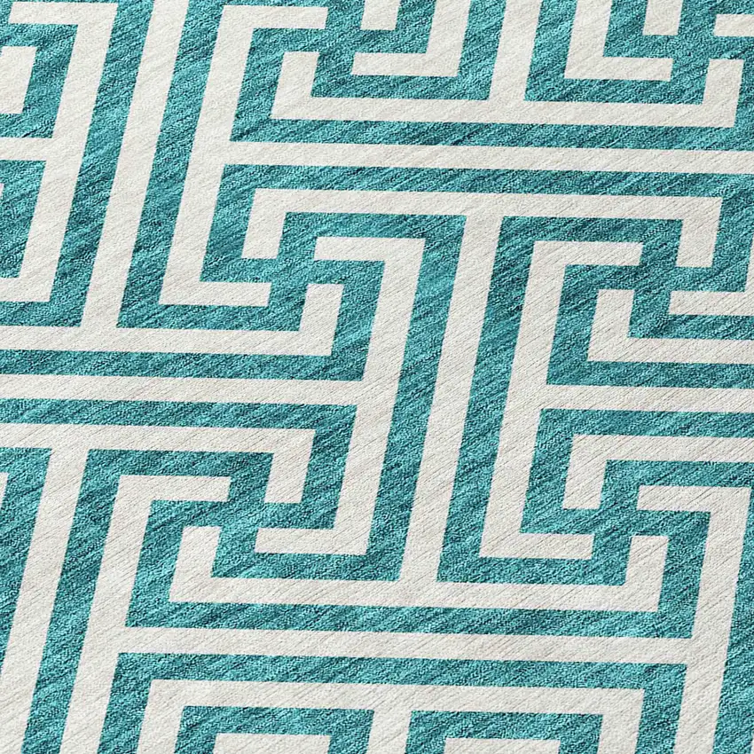 Teal Blue And Ivory Geometric Washable Indoor Outdoor Area Rug Photo 5