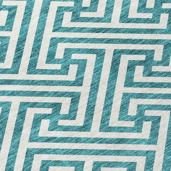 Teal Blue And Ivory Geometric Washable Indoor Outdoor Area Rug Photo 5