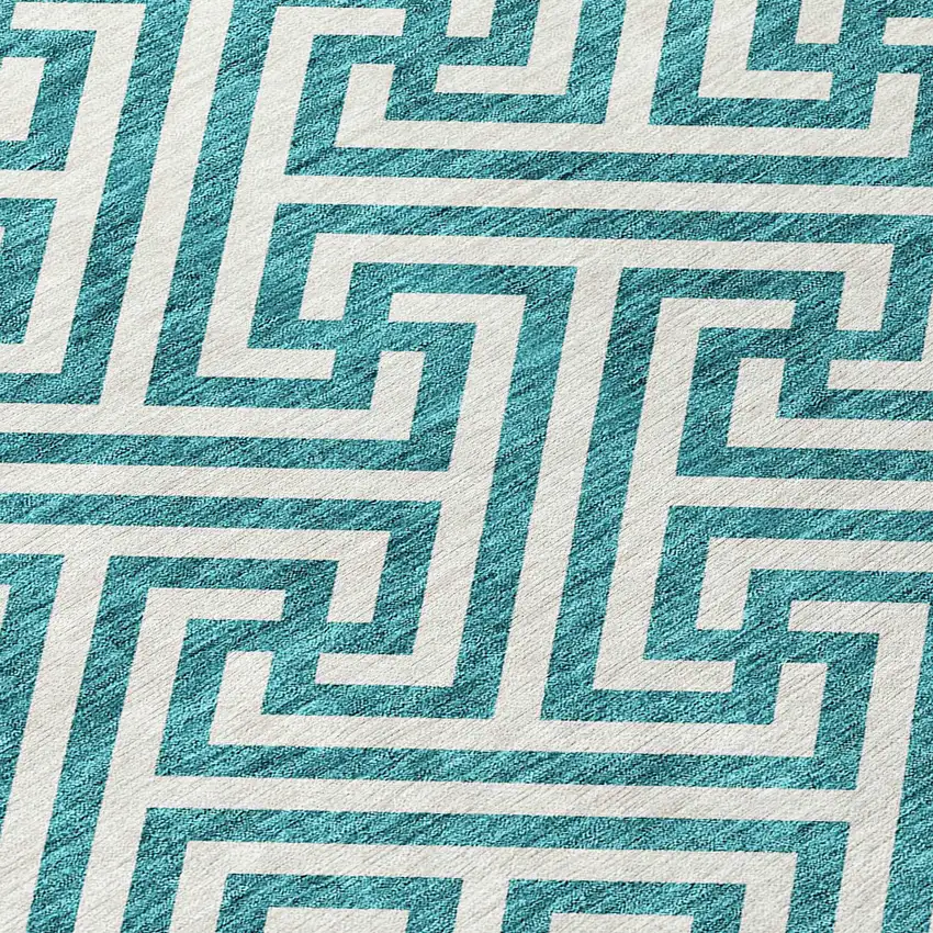 Teal Blue And Ivory Geometric Washable Indoor Outdoor Area Rug Photo 5