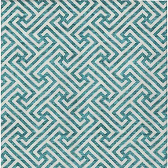 Teal Blue And Ivory Geometric Washable Indoor Outdoor Area Rug Photo 5