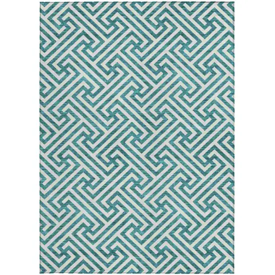 Teal Blue And Ivory Geometric Washable Indoor Outdoor Area Rug Photo 6
