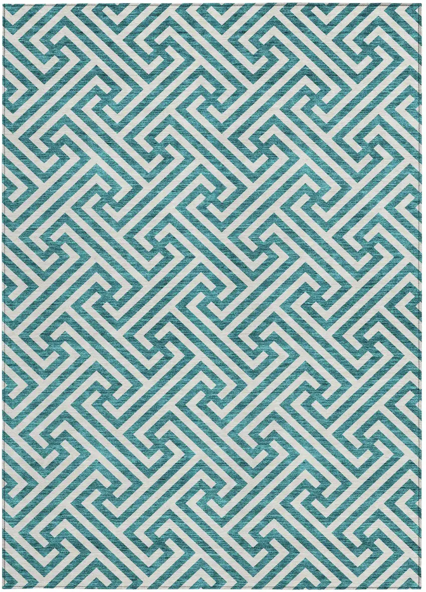 Teal Blue And Ivory Geometric Washable Indoor Outdoor Area Rug Photo 6