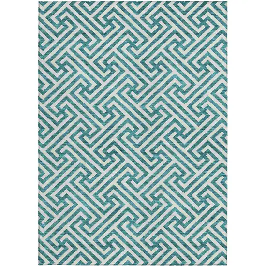 Teal Blue And Ivory Geometric Washable Indoor Outdoor Area Rug Photo 6